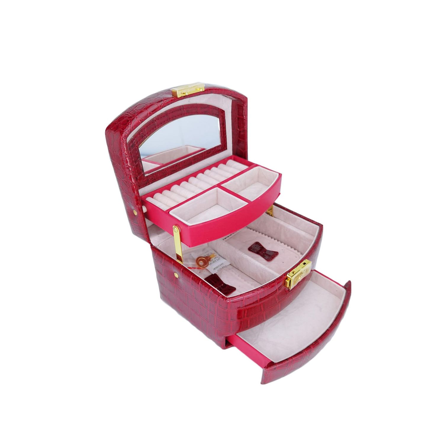 Cutie de bijuterii Secret Love din piele ecologica tip croco, eleganta,stil cufar, contine cheie,culoare rosie,15 cm, doty fotografia produsului