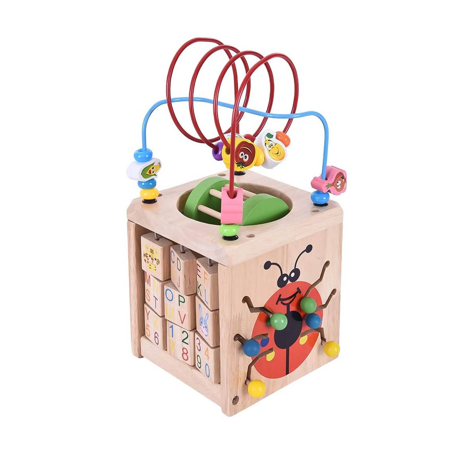 Cub din lemn educativ Ladybug 6 in 1, cu multiple activitati, ceas, numaratoare.roata, labirint, dezvolta gandirea si imaginatia,bej, doty fotografia produsului