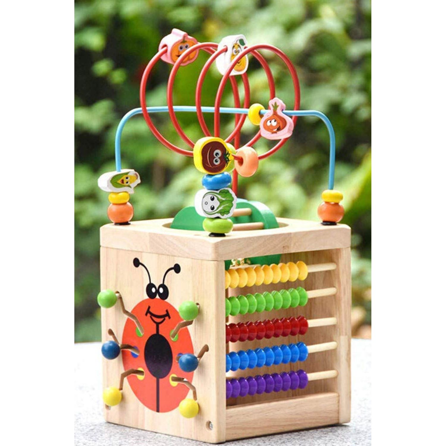 Cub din lemn educativ Ladybug 6 in 1, cu multiple activitati, ceas, numaratoare.roata, labirint, dezvolta gandirea si imaginatia,bej, doty fotografia produsului View 3 L