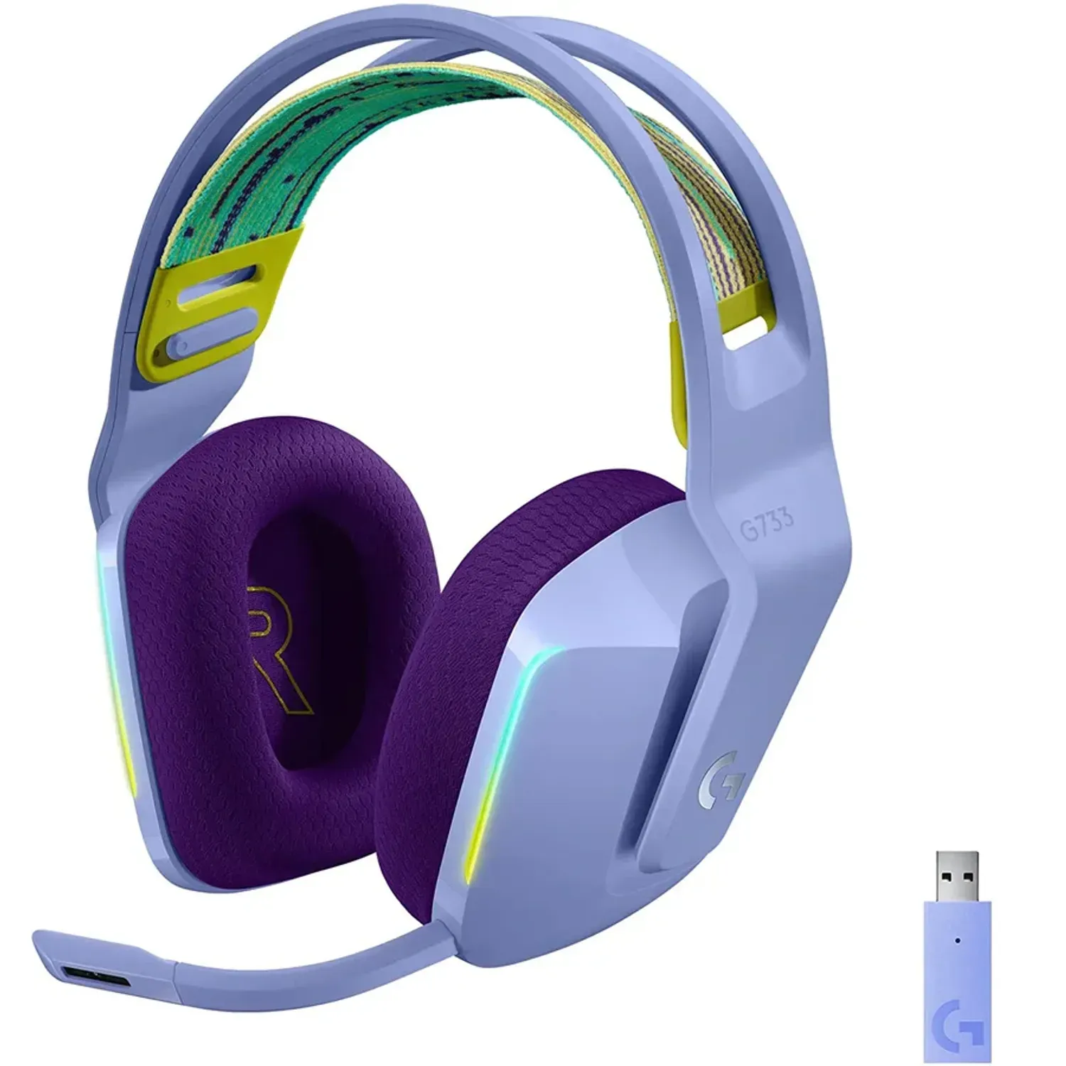 Casti gaming wireless Logitech G733, ultrausoare, Lightsync RGB, Lilac fotografia produsului View 2 L