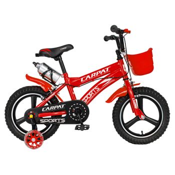 Bicicleta Copii 3-5 Ani, Roti 14 Inch din Magneziu, Frane C-Brake, Roti Ajutatoare cu LED, Carpat Kids C1400A, Cadru Rosu cu Design Alb