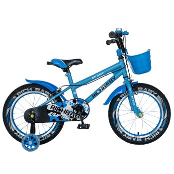 Bicicleta Copii 5-7 ani, Roti 18 Inch, C-Brake, Roti Ajutatoare cu LED, Rich Baby R1803A, Cadru Albastru cu Design Negru