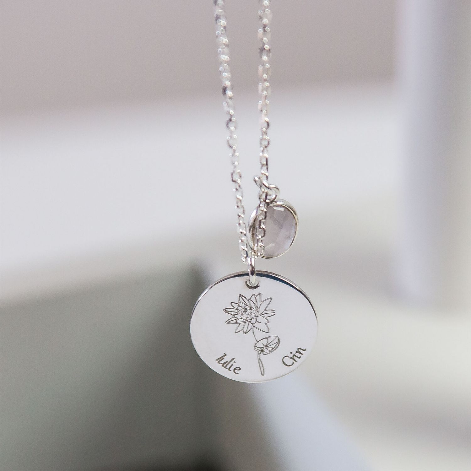 Lantisor Argint Personalizat Cu Banut Floral cu Cuart Rose, PAGLAU155-9 fotografia produsului View 2 L