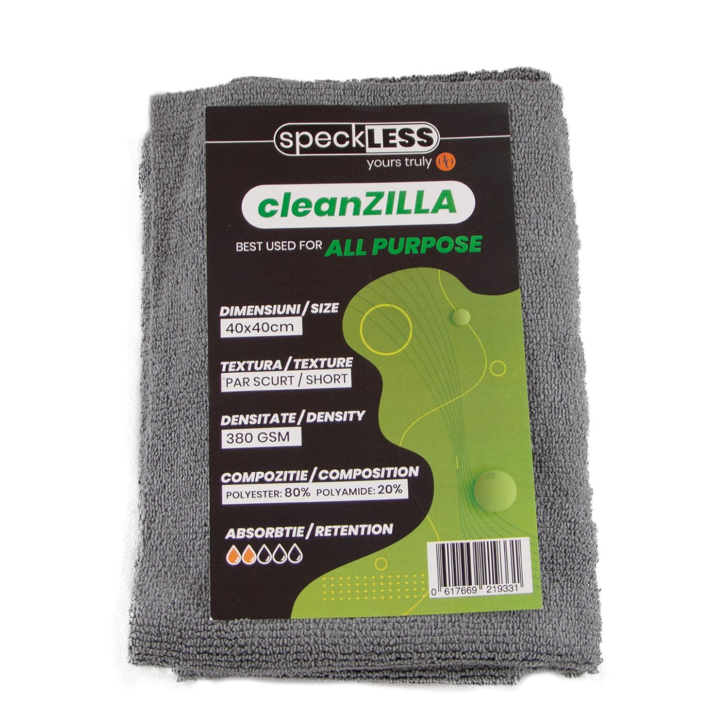 Laveta Microfibre Profesionala speckLESS cleanZILLA, Gri, 380 GSM, 40x40cm fotografia produsului View 2 L
