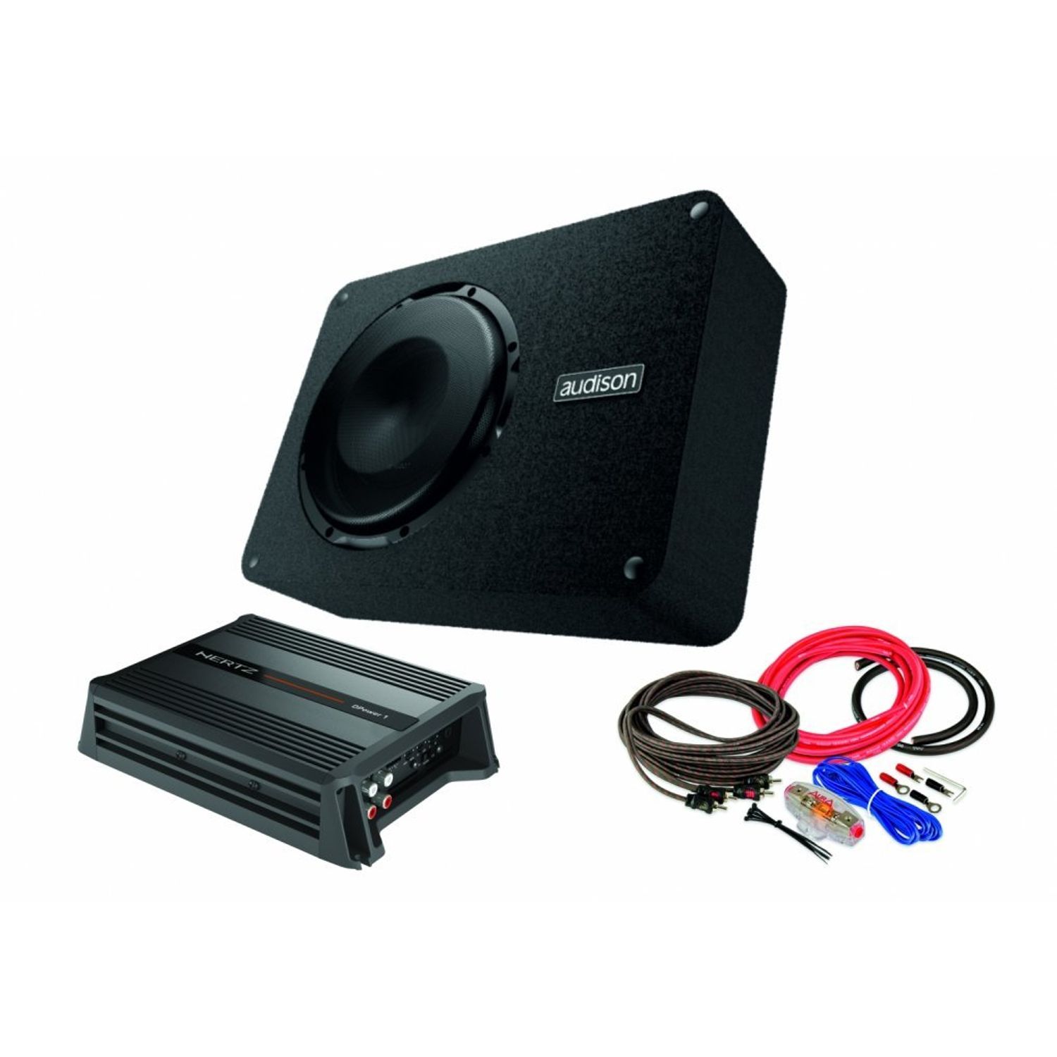Pachet Subwoofer auto AUDISON APBX 10 DS + Amplificator Hertz D POWER 1 + kit de cabluri complet fotografia produsului