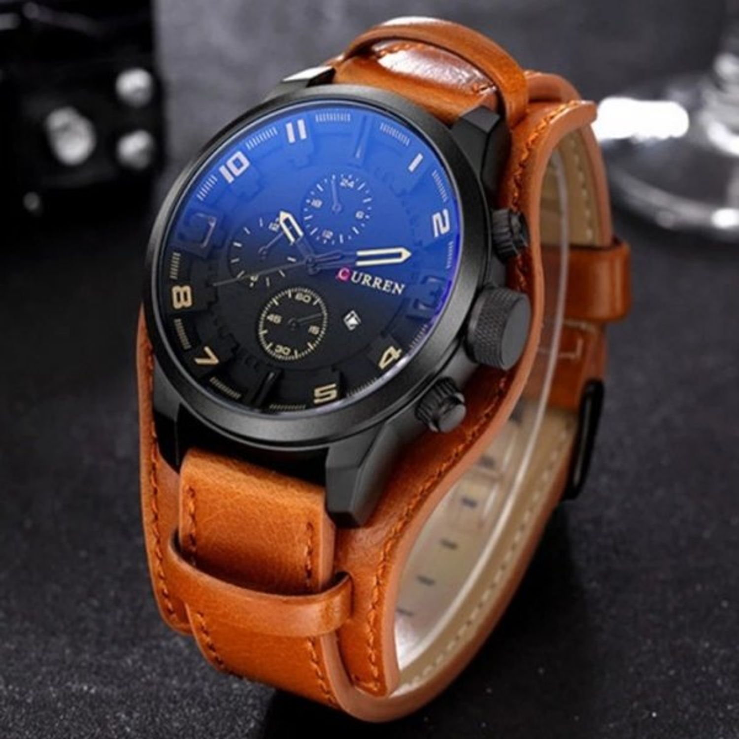 Ceas barbatesc CURREN CS869, model casual, curea piele, model maro inchis fotografia produsului View 4 L