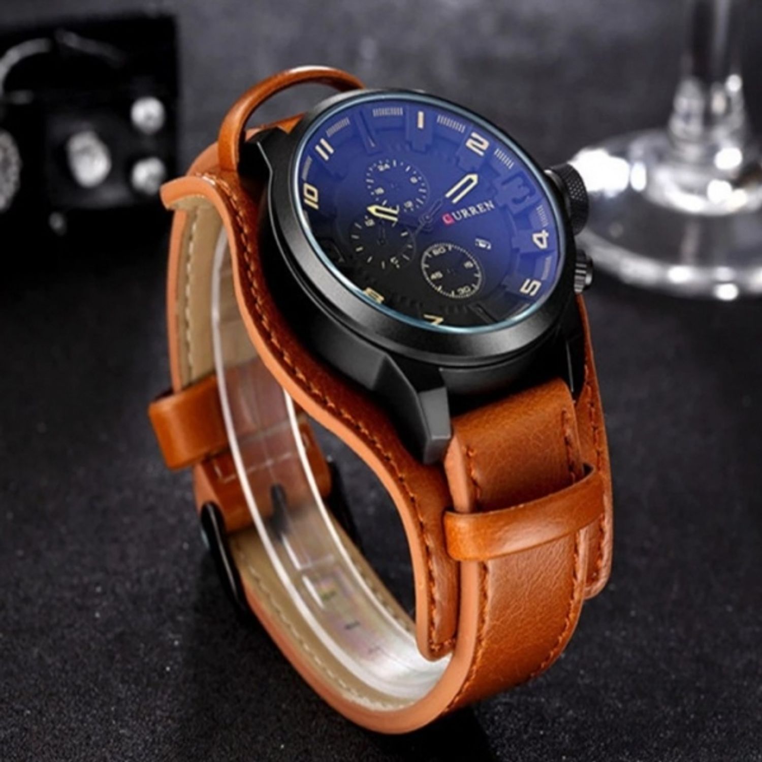 Ceas barbatesc CURREN CS869, model casual, curea piele, model maro inchis fotografia produsului View 3 L