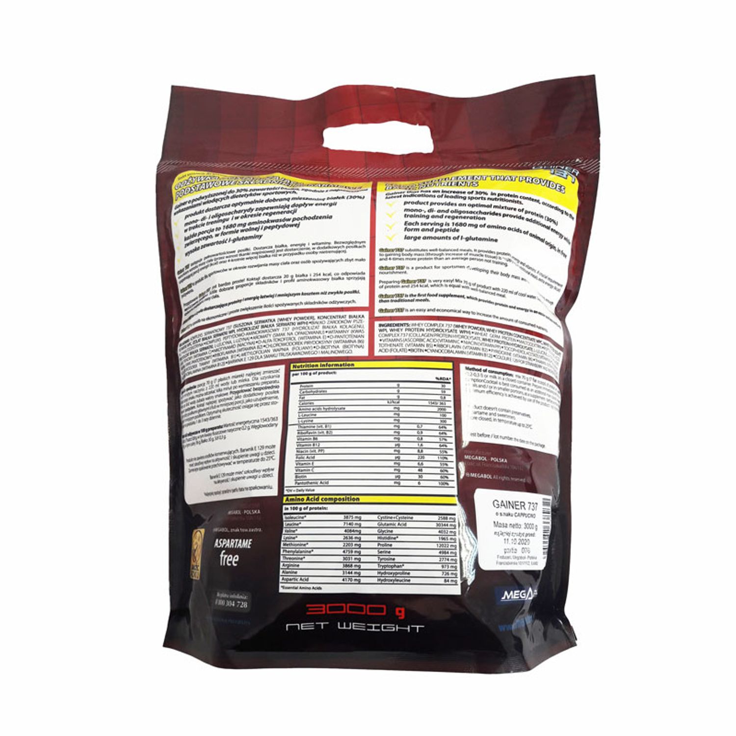 Supliment de proteine Megabol Gainer 737, 3 kg, gainer puternic si complex pentru cresterea masei musculare fotografia produsului View 3 L