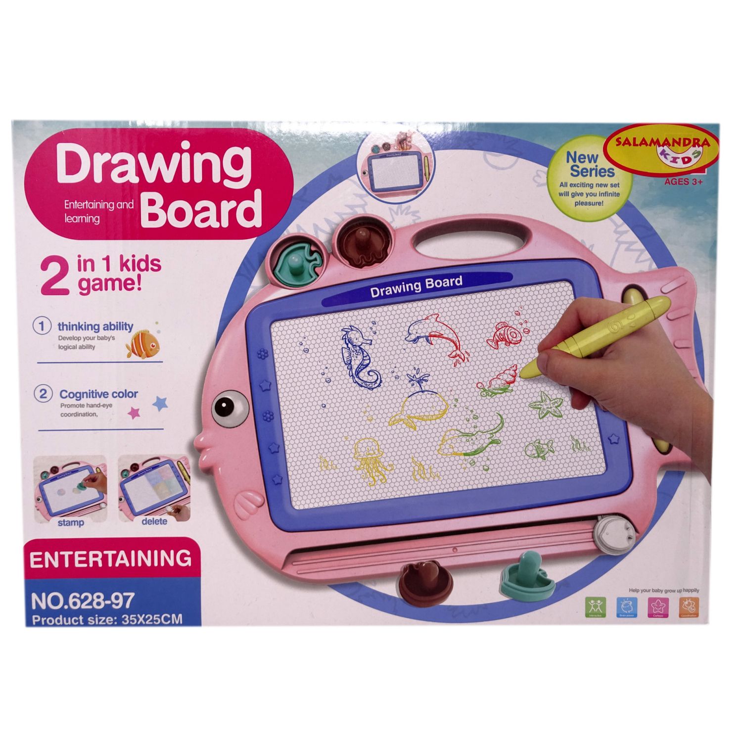 Tablita magnetica Salamandra Kids 2 in 1 cu creion si 2 stampile, Roz fotografia produsului View 2 L