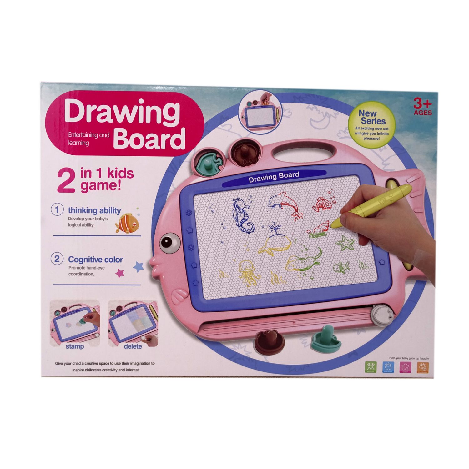 Tablita magnetica Salamandra Kids 2 in 1 cu creion si 2 stampile, Roz fotografia produsului View 3 L