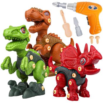 Set de constructie dinozauri cu bormasina electrica, Nando, 3 dinozauri 3D