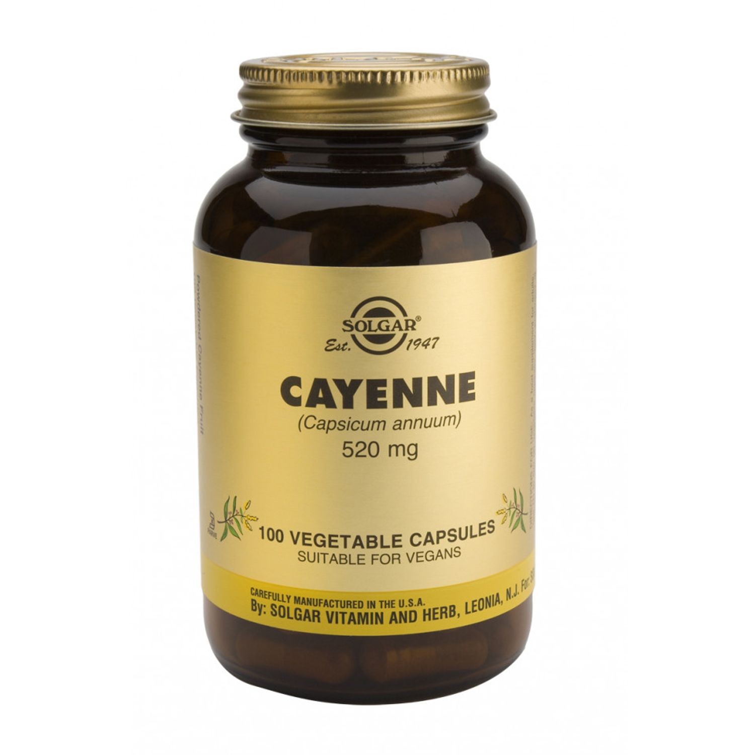 Extract de ardei iute, CAYENNE, 520mg, 100 capsule vegetale, Solgar fotografia produsului