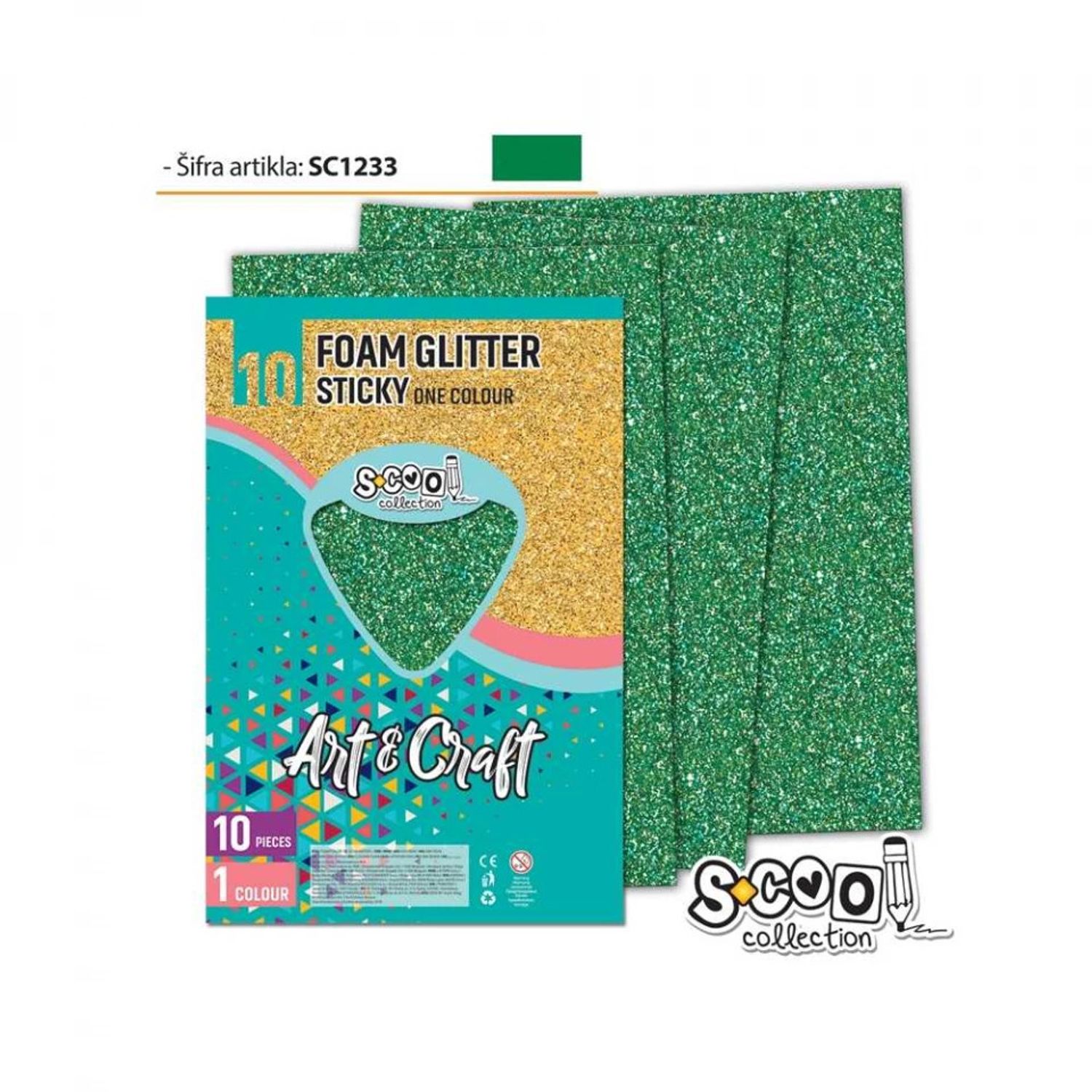 Hartie buretata, adeziva, glitter, verde, 10 buc/set, 20x30 cm - S-COOL fotografia produsului