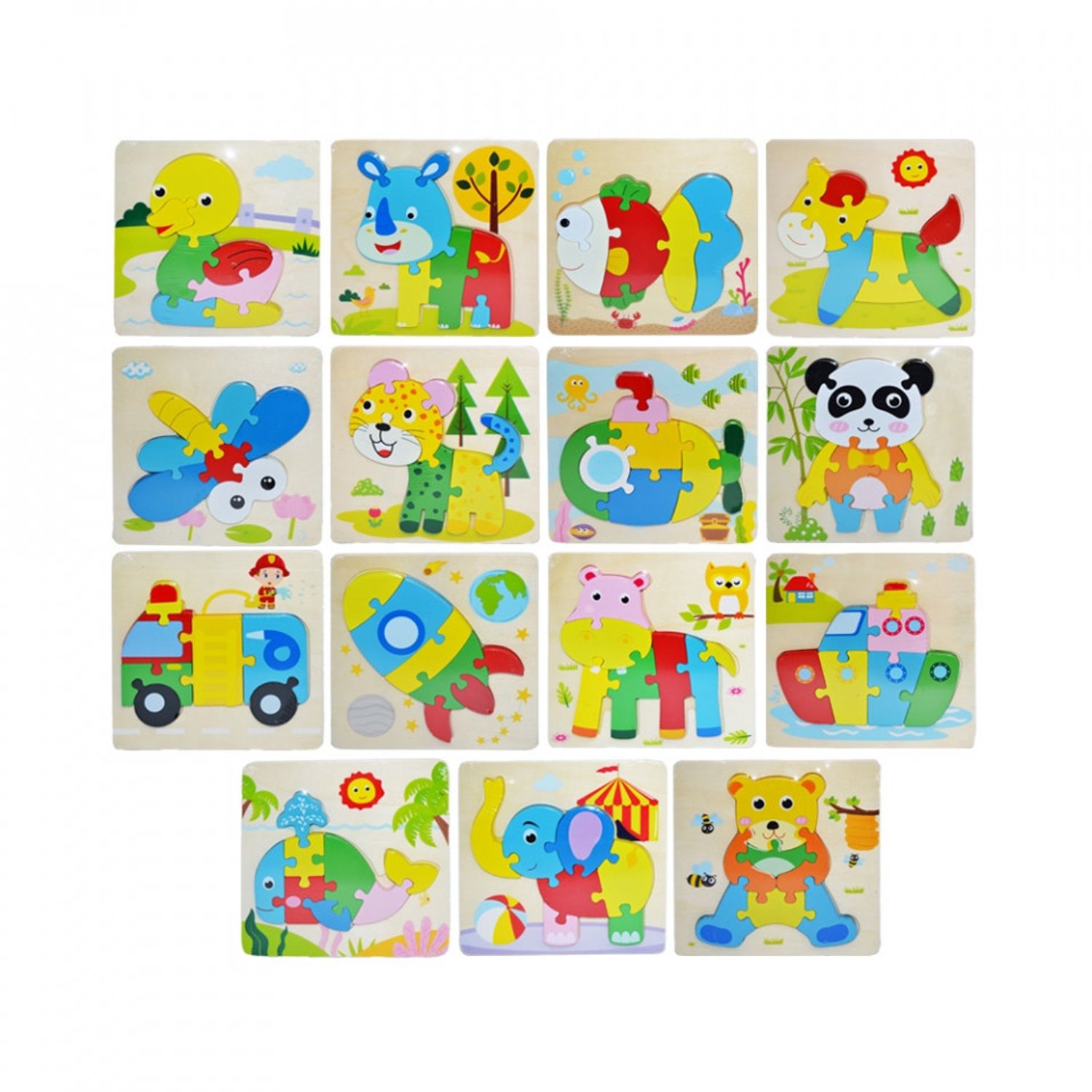 Puzzle lemn incastru, animale/insecte/vehicule fotografia produsului