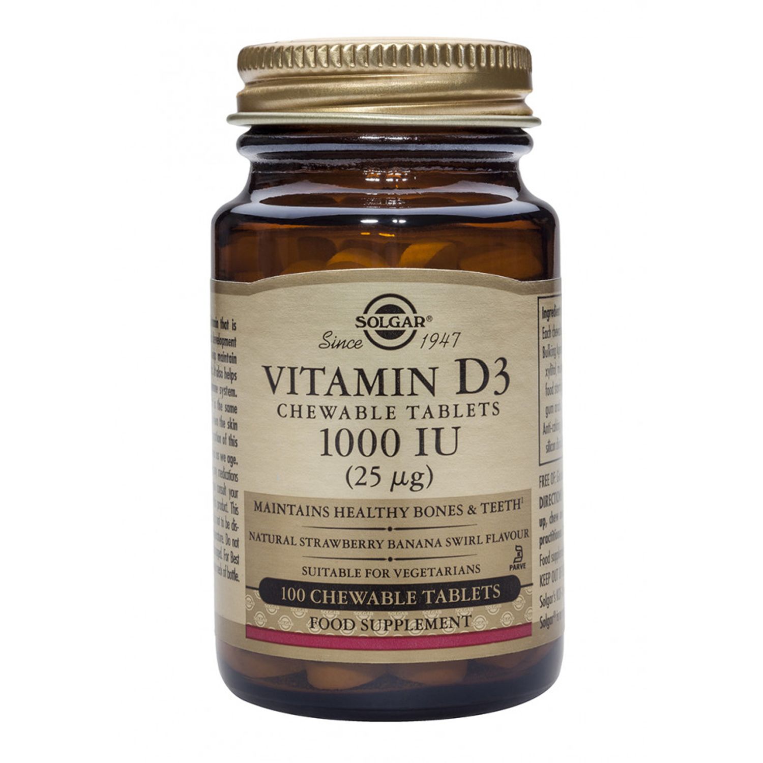 Vitamin D-3 1000 IU chewable 100 tablete, Solgar fotografia produsului