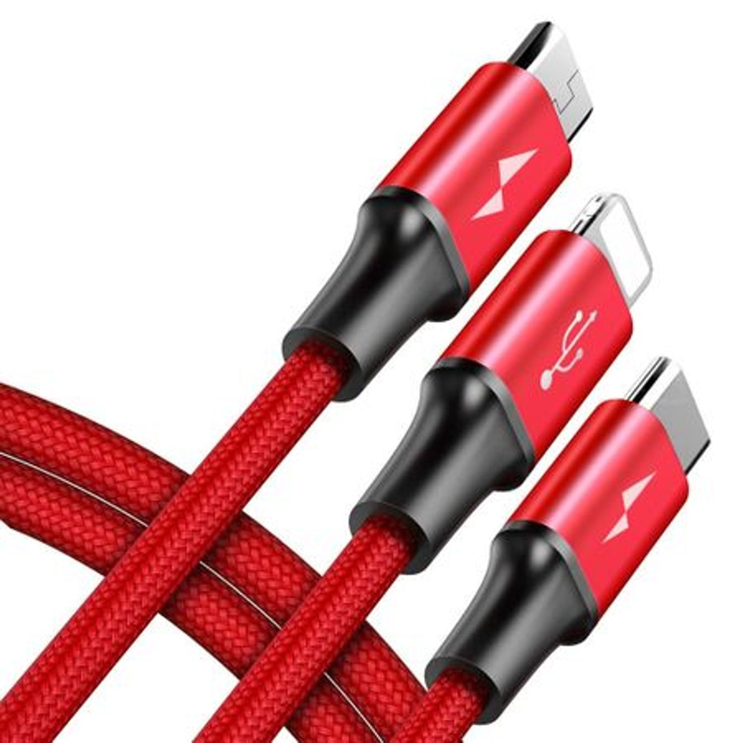 Cablu incarcare USB, cu mufe Micro-USB, USB-C, Lightning, 3A, 1,2M, rosu, HOPE R fotografia produsului View 4 L
