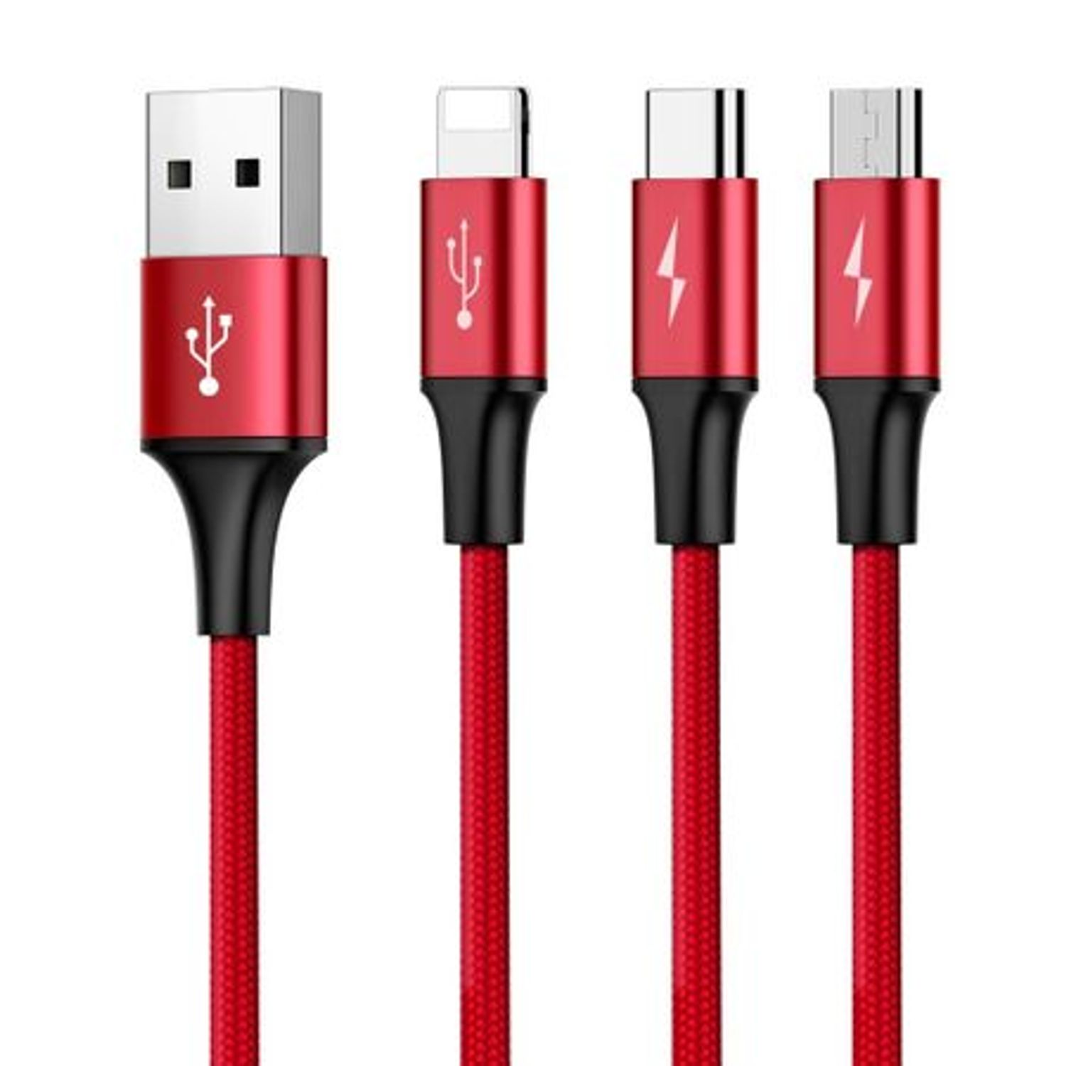 Cablu incarcare USB, cu mufe Micro-USB, USB-C, Lightning, 3A, 1,2M, rosu, HOPE R fotografia produsului View 2 L