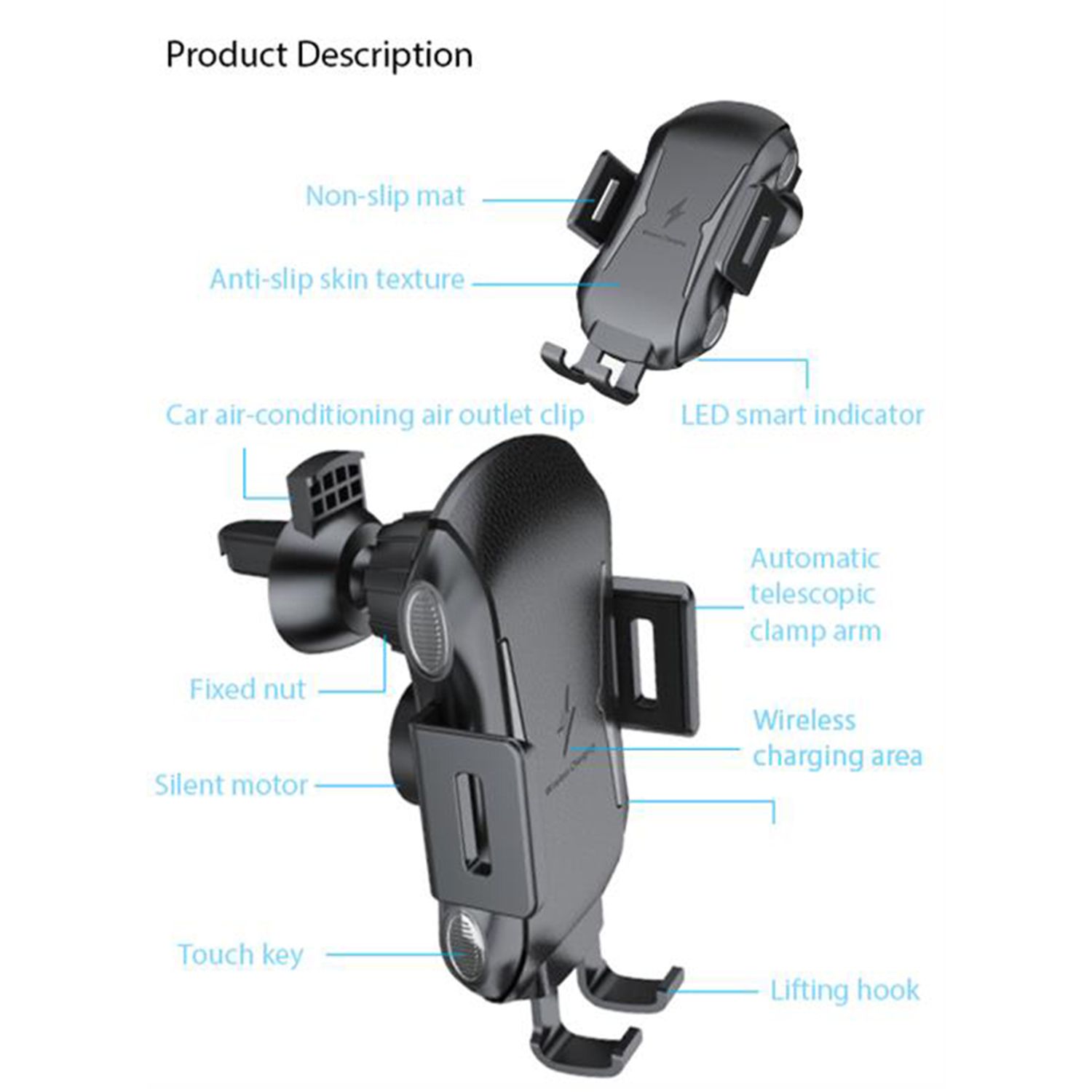 Incarcator auto wireless parbriz/ bord/ grila 10W Techsuit, Negru fotografia produsului View 3 L