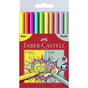 Set 10 Carioci Faber-Castell Grip, 5 Culori Neon si 5 Culori Pastel