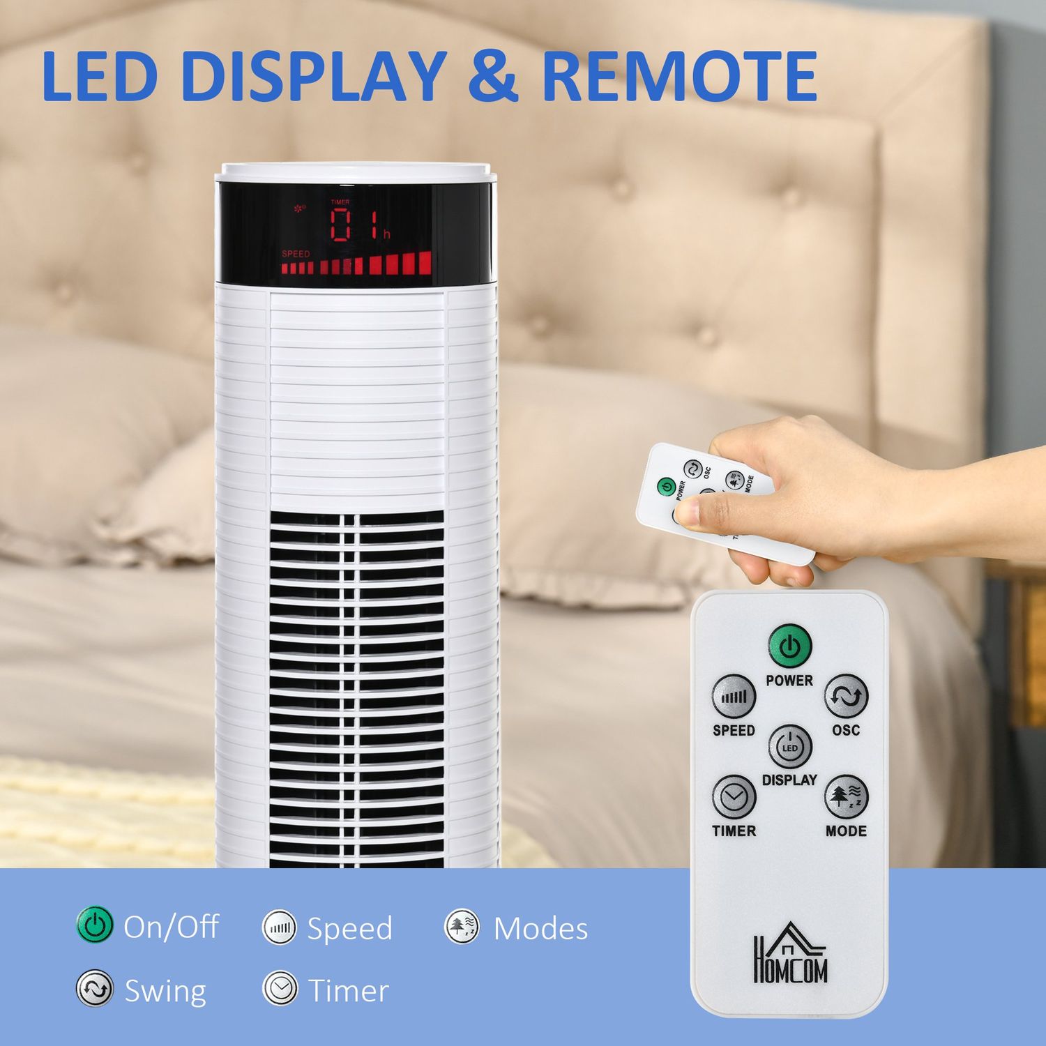 HOMCOM Ventilator Coloana cu 3 Viteze si 4 Moduri, Timer de12h, Panou LED si Telecomanda, Alb fotografia produsului View 4 L