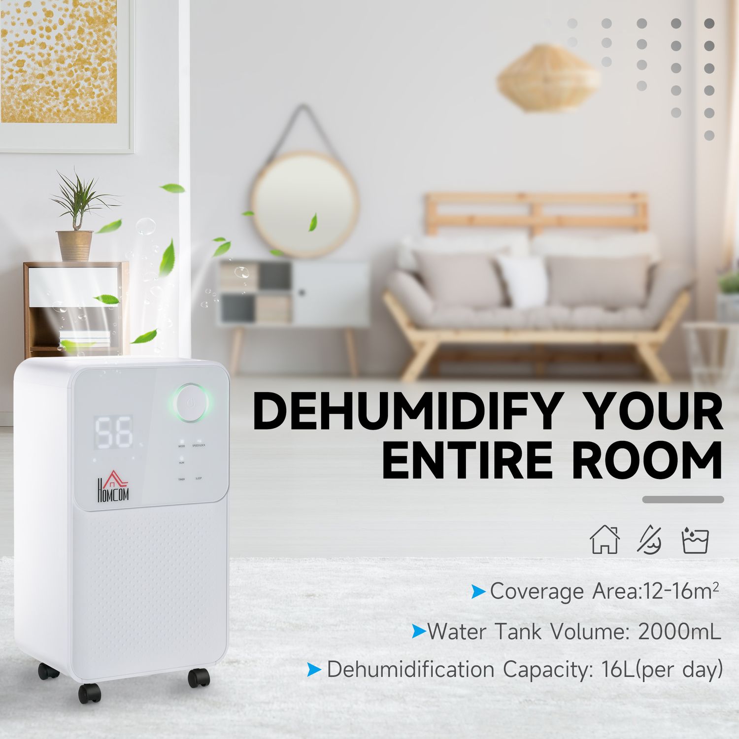 HomCom dezumidificator portabil de 16L, alb fotografia produsului View 3 L