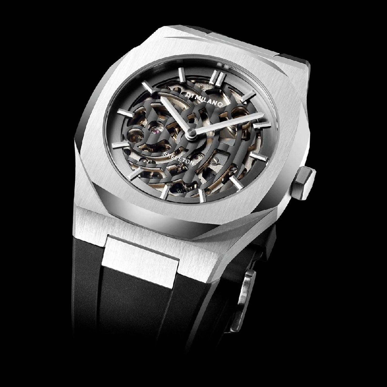 Ceas Barbati, D1 MILANO, SILVER SKELETON RUBBER AUTOMATIC D1-SKRJ01 fotografia produsului View 5 L
