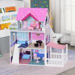 HOMCOM Casa de Papusi din Lemn pentru Copii 3 ani+ cu 12 Accesorii Roz fotografia produsului