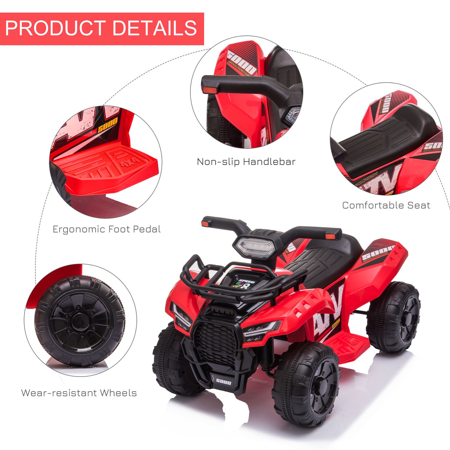 HOMCOM Quad Electric pentru Copii Baterie 6V Faruri Functionale Rosu fotografia produsului View 7 L