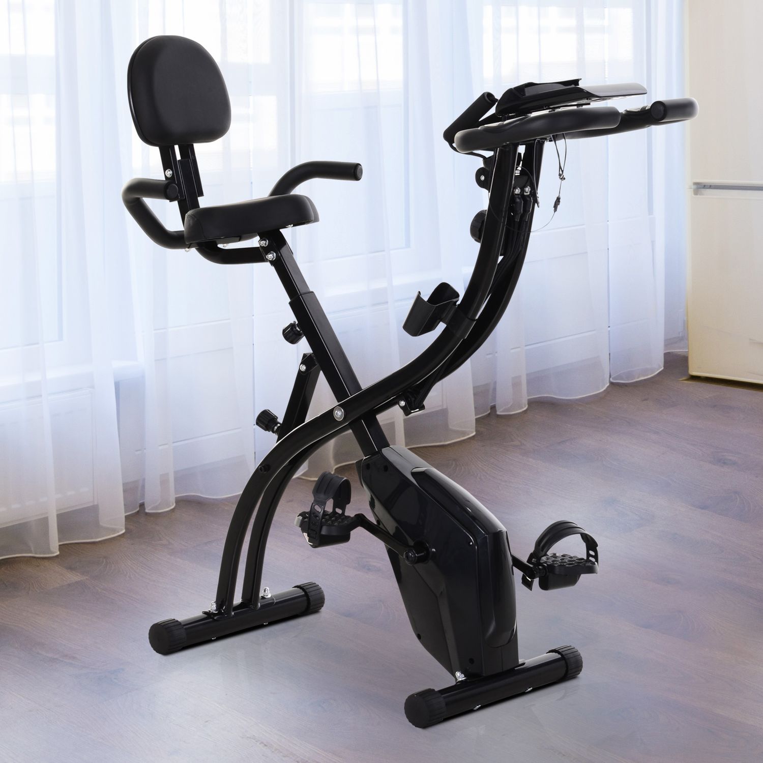 HOMCOM Bicicleta Magnetica Pliabila de Camera din Otel Negru cu Benzi Elastice fotografia produsului