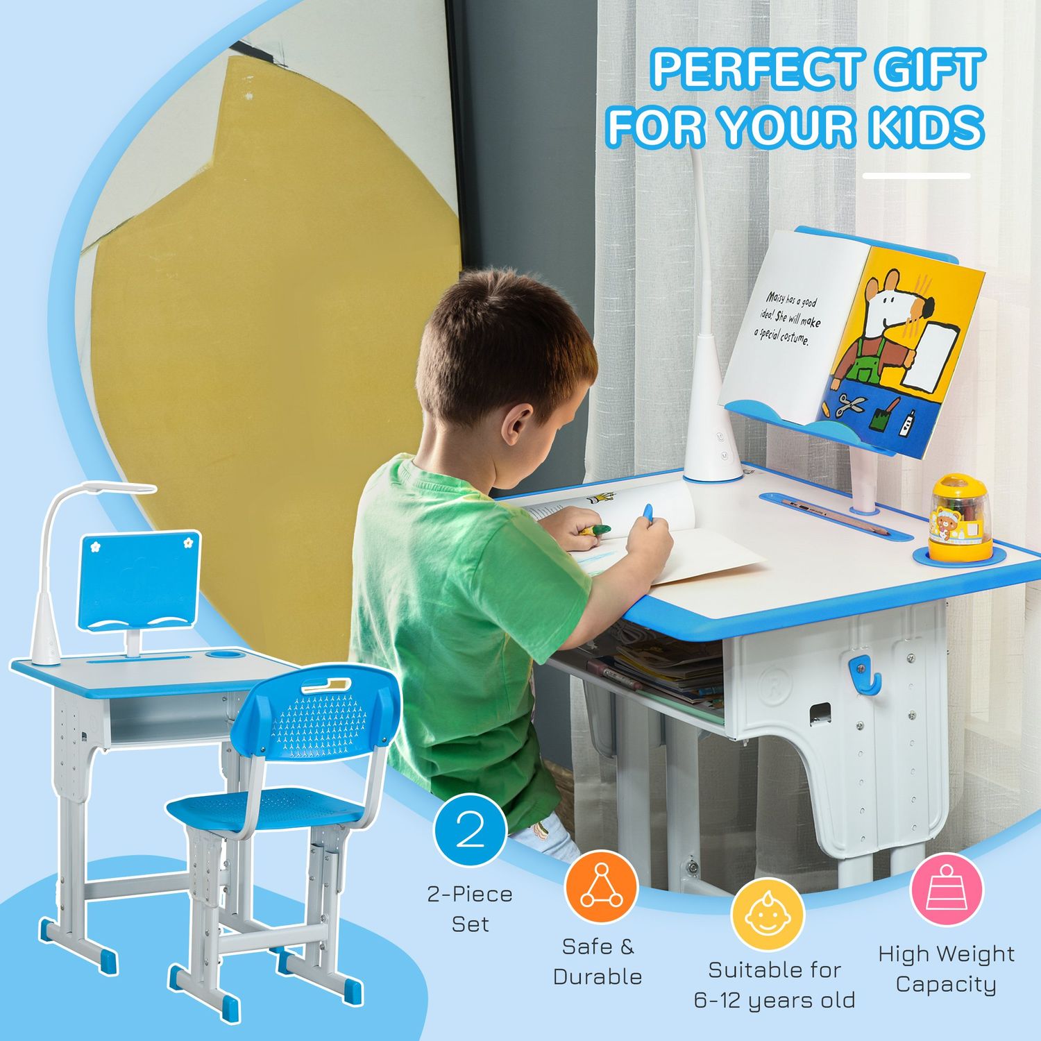 HomCom set banca cu scaun pentru copii 6-12 ani, albastru fotografia produsului View 3 L