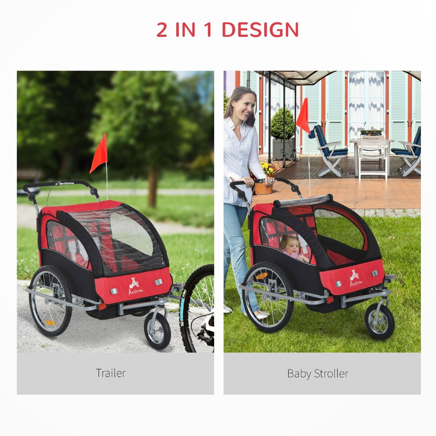 HomCom carucior tip remorca 2 in 1, pentru copii, rosu-negru fotografia produsului View 3 L