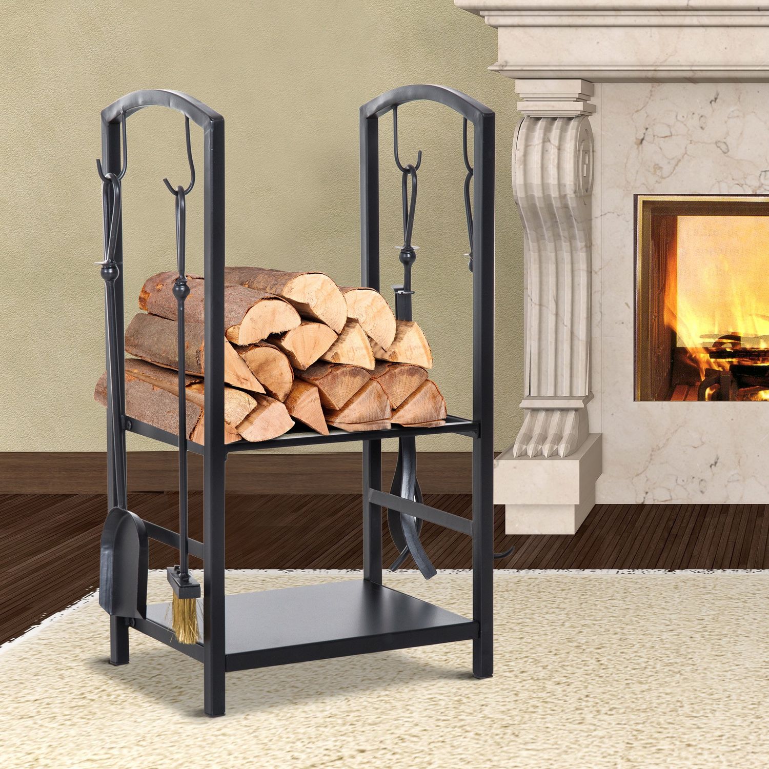 Outsunny Caseta pentru Lemne cu Set Unelte pentru Semineu in Otel Negru 40 x 30 x 74.5 cm fotografia produsului