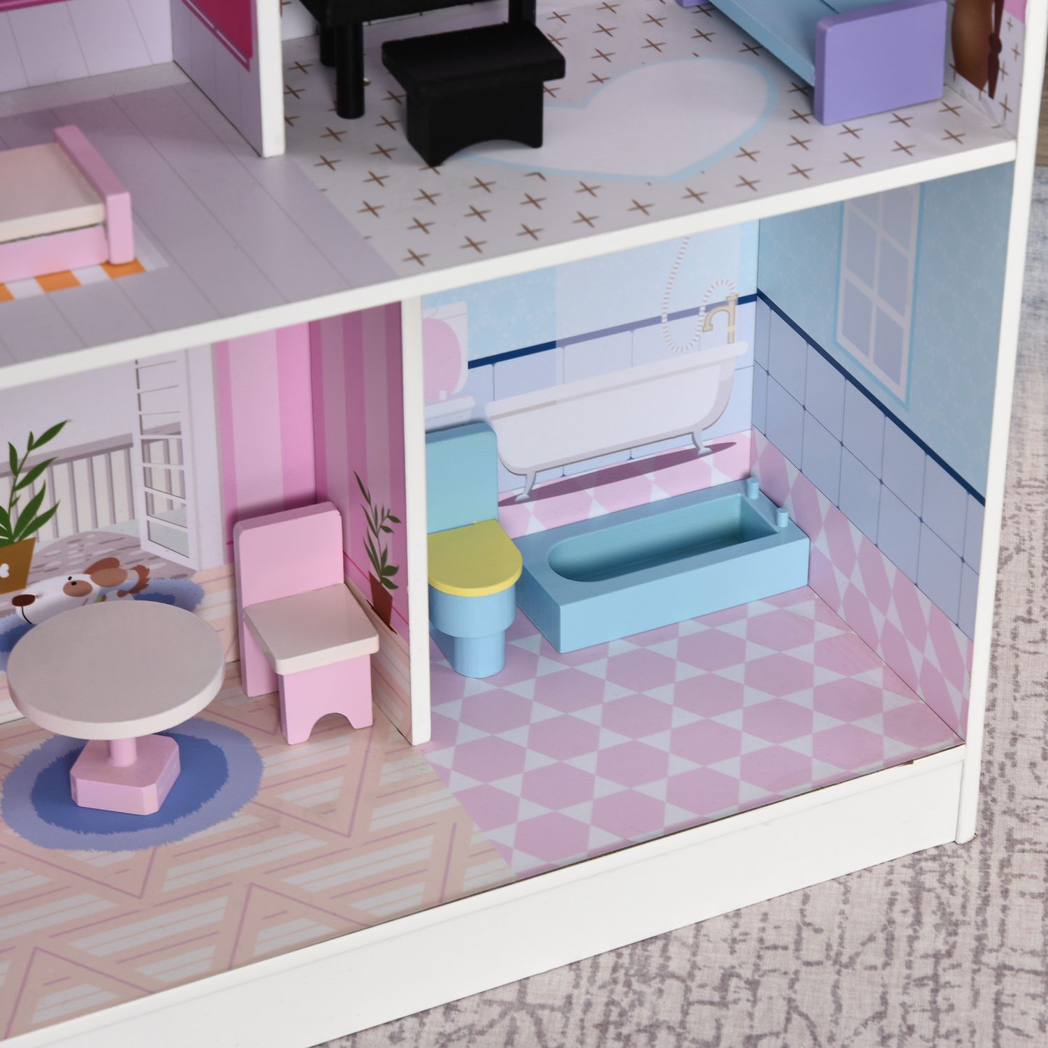 HOMCOM 2 in 1 Casa de papusi Bucatarie Jucarie din lemn pentru copii cu varsta peste 3 ani Roz fotografia produsului View 5 L