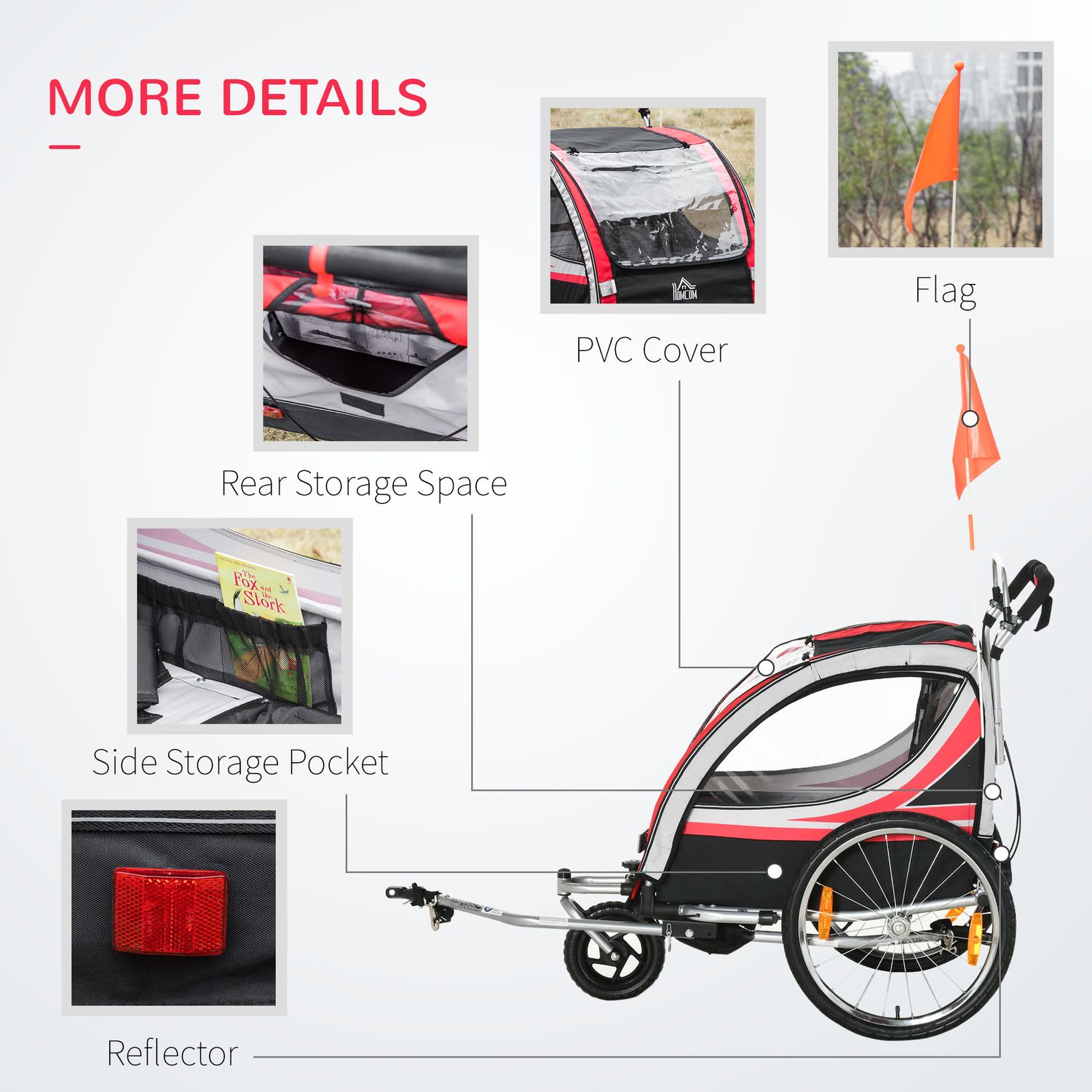 HOMCOM Remorca pentru bicicleta pentru copii 2 in 1, Rosu fotografia produsului View 4 L
