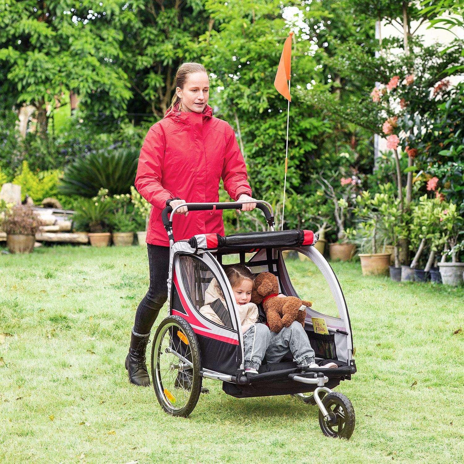 HOMCOM Remorca pentru bicicleta pentru copii 2 in 1, Rosu fotografia produsului