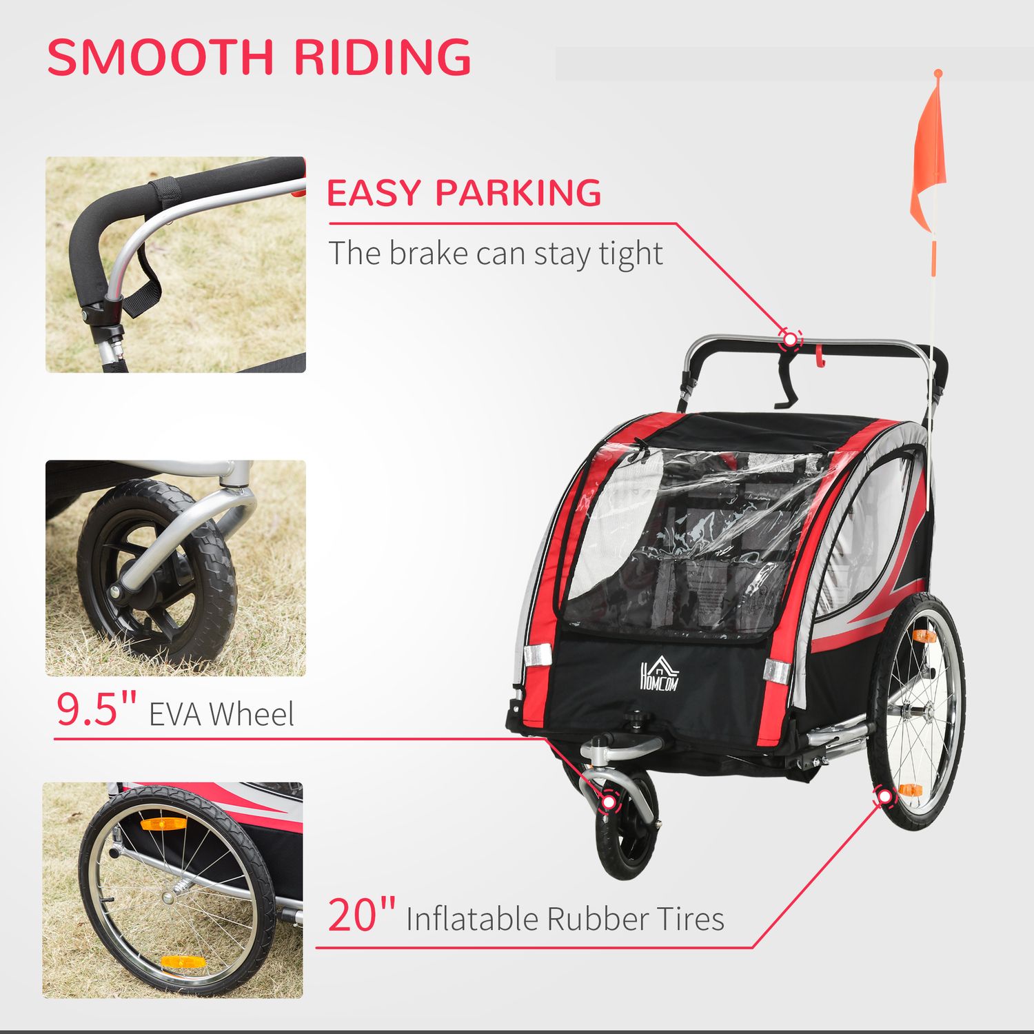 HOMCOM Remorca pentru bicicleta pentru copii 2 in 1, Rosu fotografia produsului View 6 L
