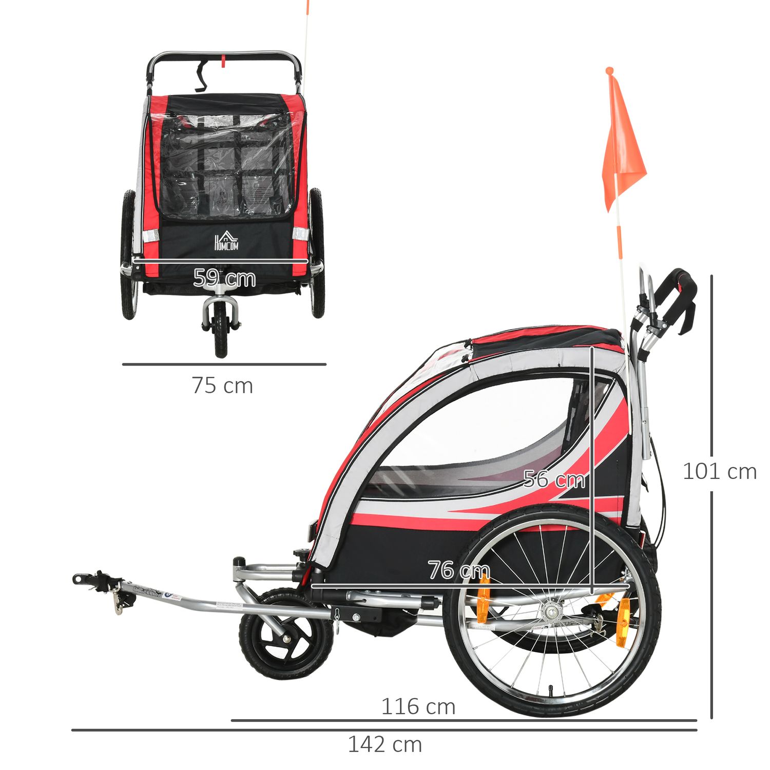 HOMCOM Remorca pentru bicicleta pentru copii 2 in 1, Rosu fotografia produsului View 2 L