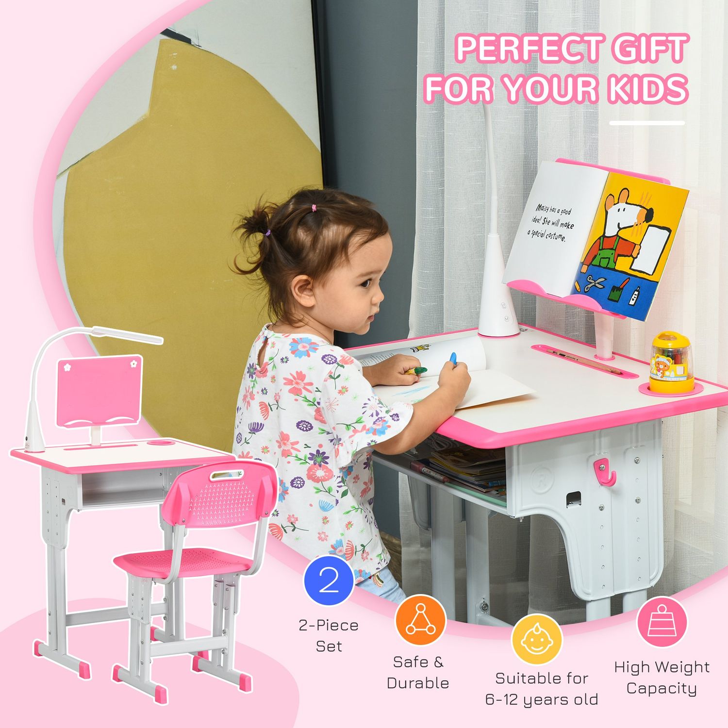 HomCom banca cu scaun pentru copii 6-12 ani, roz fotografia produsului View 5 L
