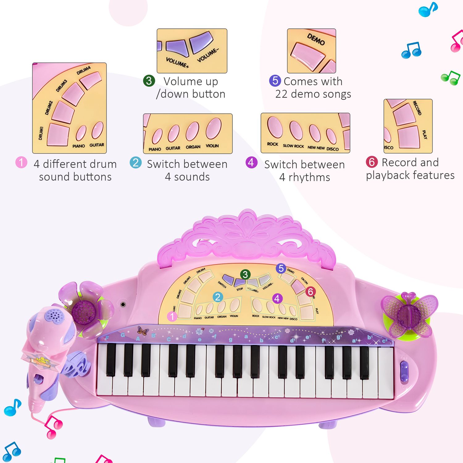 HomCom set pianina pentru copii, taburet si microfon, roz fotografia produsului View 3 L
