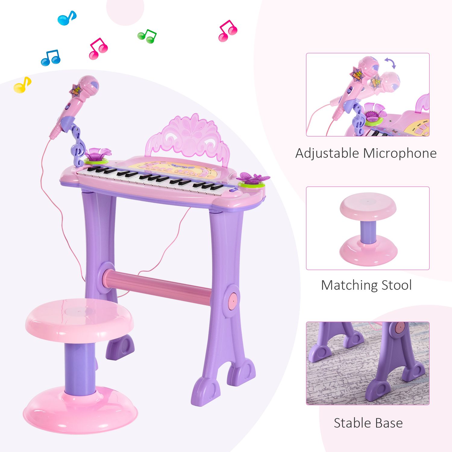 HomCom set pianina pentru copii, taburet si microfon, roz fotografia produsului View 5 L