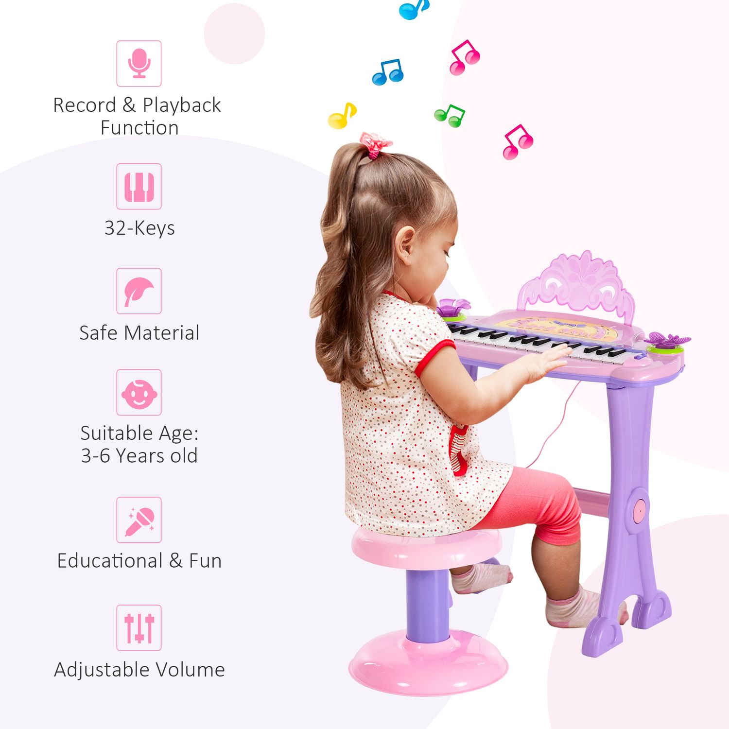HomCom set pianina pentru copii, taburet si microfon, roz fotografia produsului View 6 L