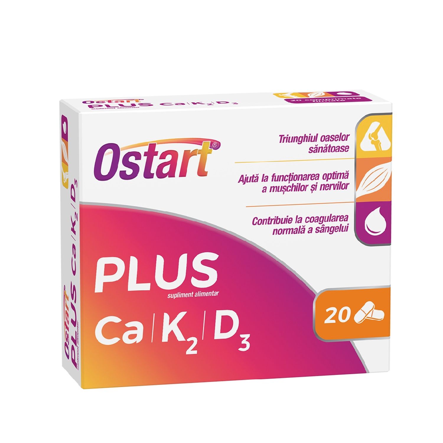 Ostart Plus Ca+K2+D3, 20 comprimate, Fiterman Pharma fotografia produsului