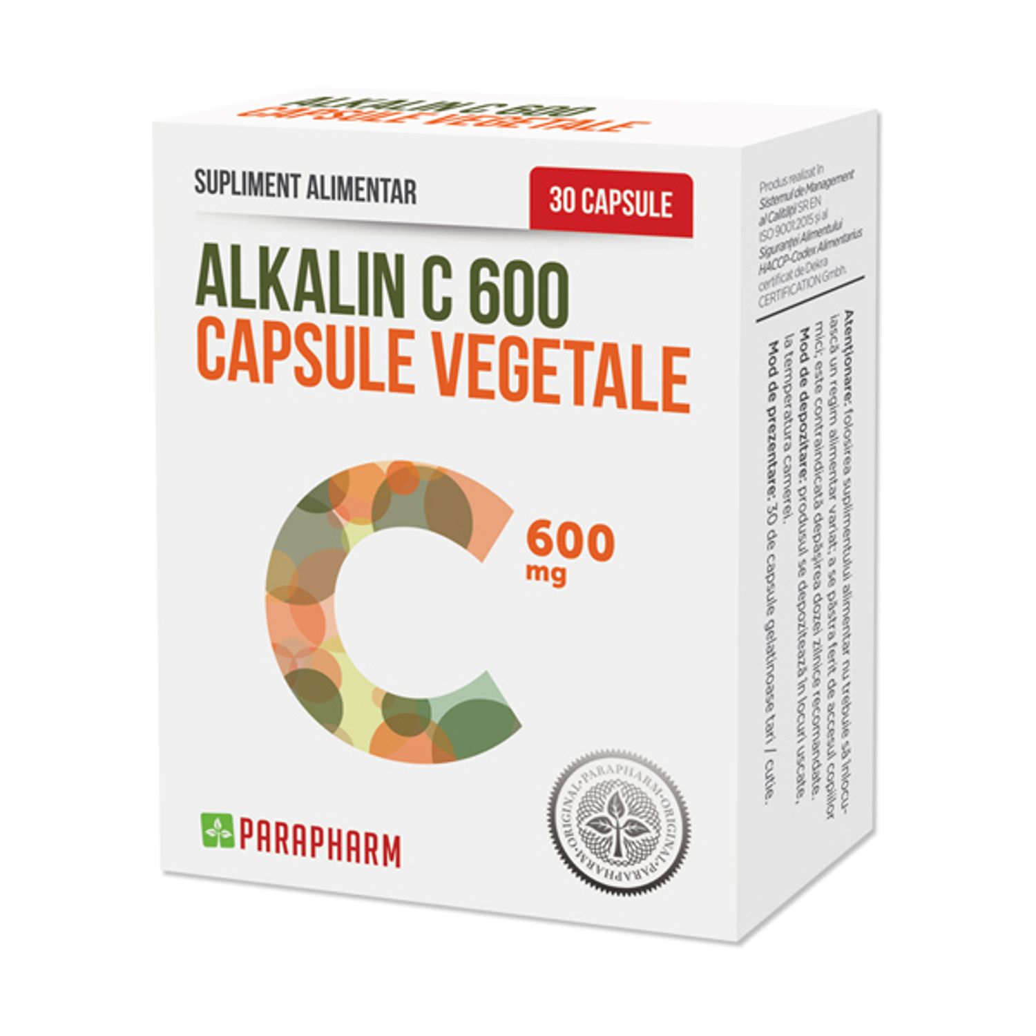 Alkalin C, 600mg, 30 capsule, Parapharm fotografia produsului
