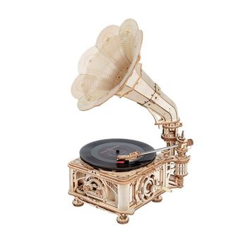 Puzzle 3D Gramofon cu modul de rotire electrica si manuala, ROKR, Lemn, 424 Piese, LKB01D