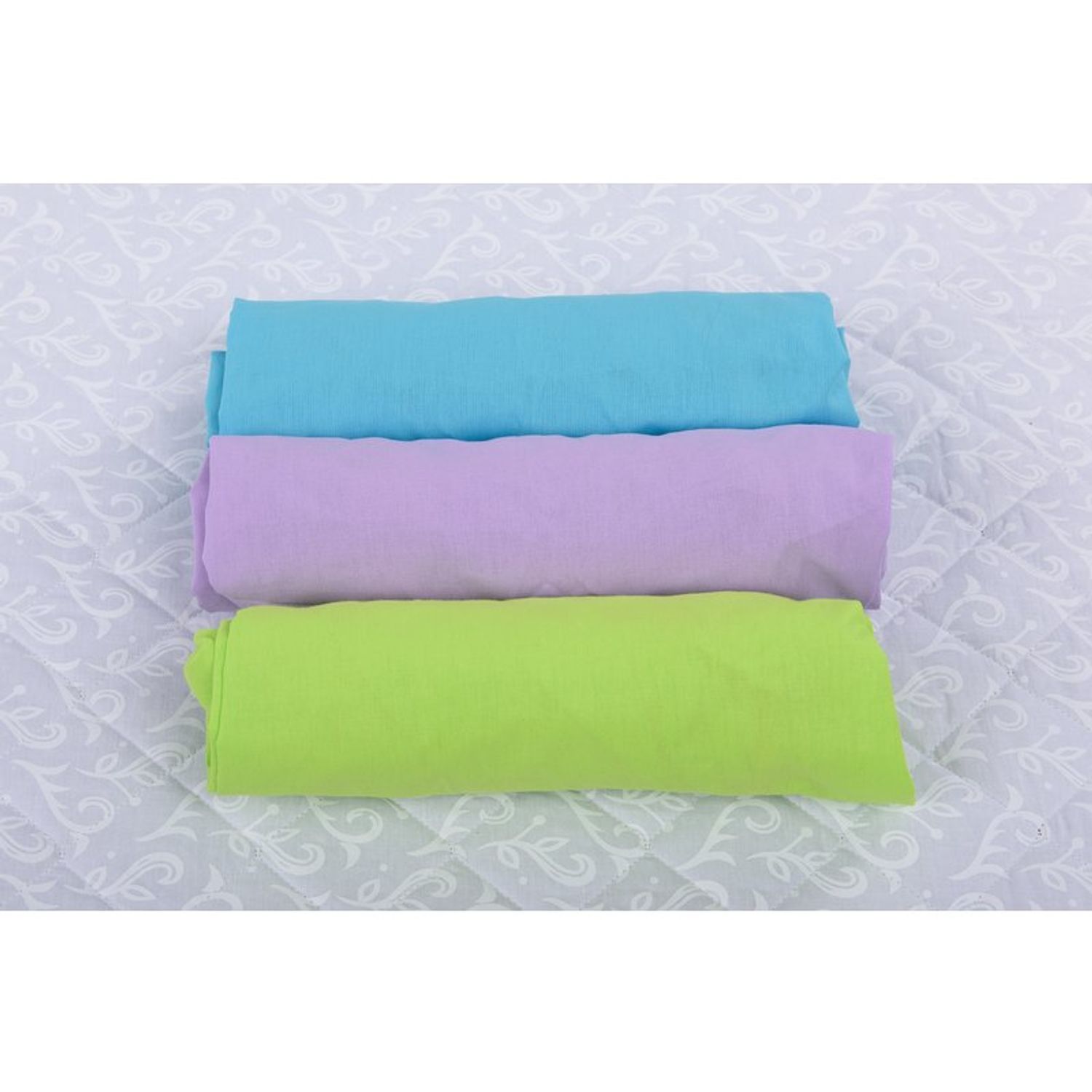 BabyNeeds - Set 3 cearceafuri cu elastic 120x60 cm, Bleu+Lila+Verde fotografia produsului