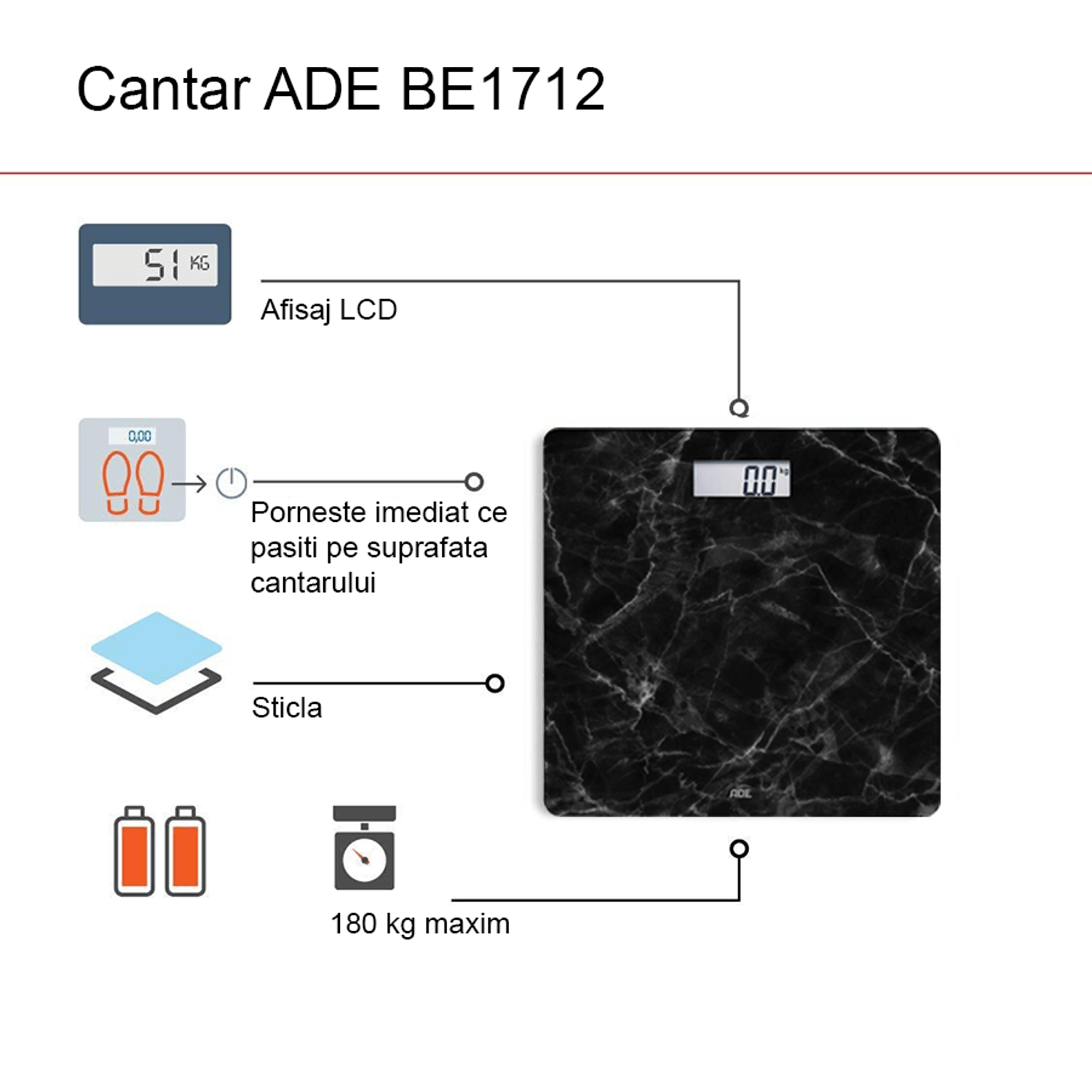 Cantar corporal electronic ADE BE1712 Aurora, Model Marmura, Ecran LCD, Negru fotografia produsului View 2 L