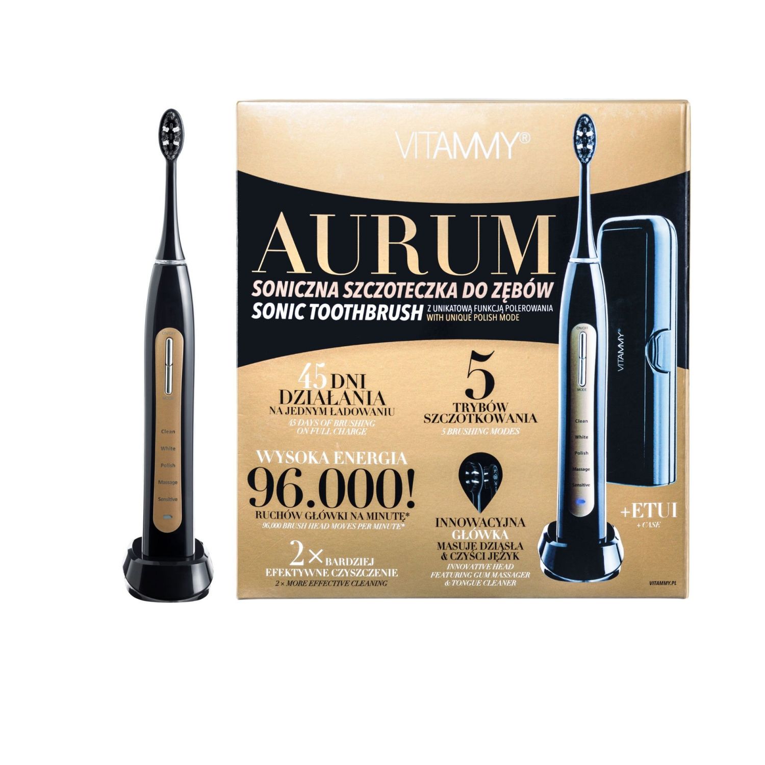 Periuta de dinti electrica VITAMMY Aurum, 96000 vibratii/min, 5 moduri de periaj, incarcare wireless, Negru/Auriu fotografia produsului View 5 L