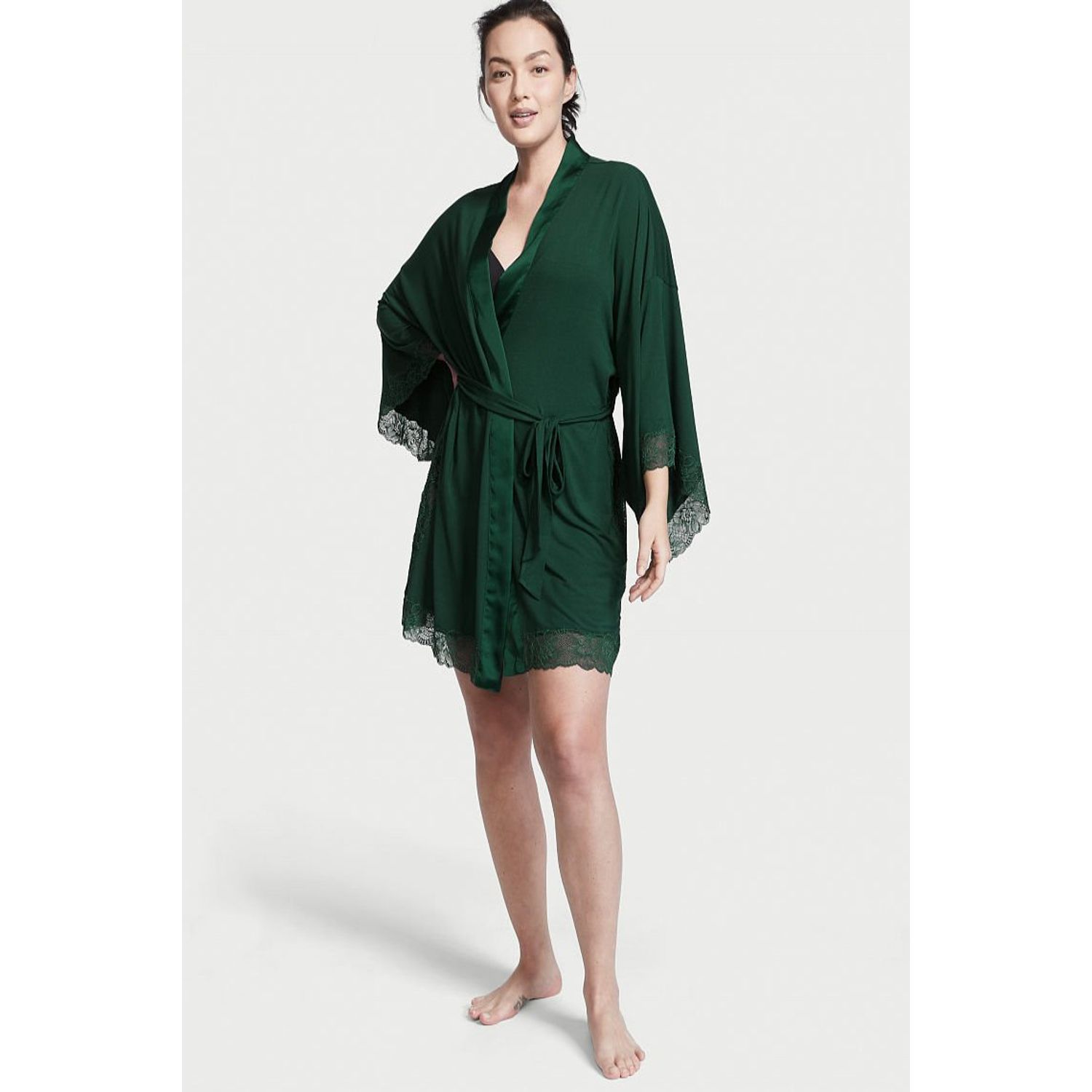 Halat dama Victoria's Secret, Modal Lace-Trim Robe, Verde, XS/S INTL fotografia produsului View 3 L