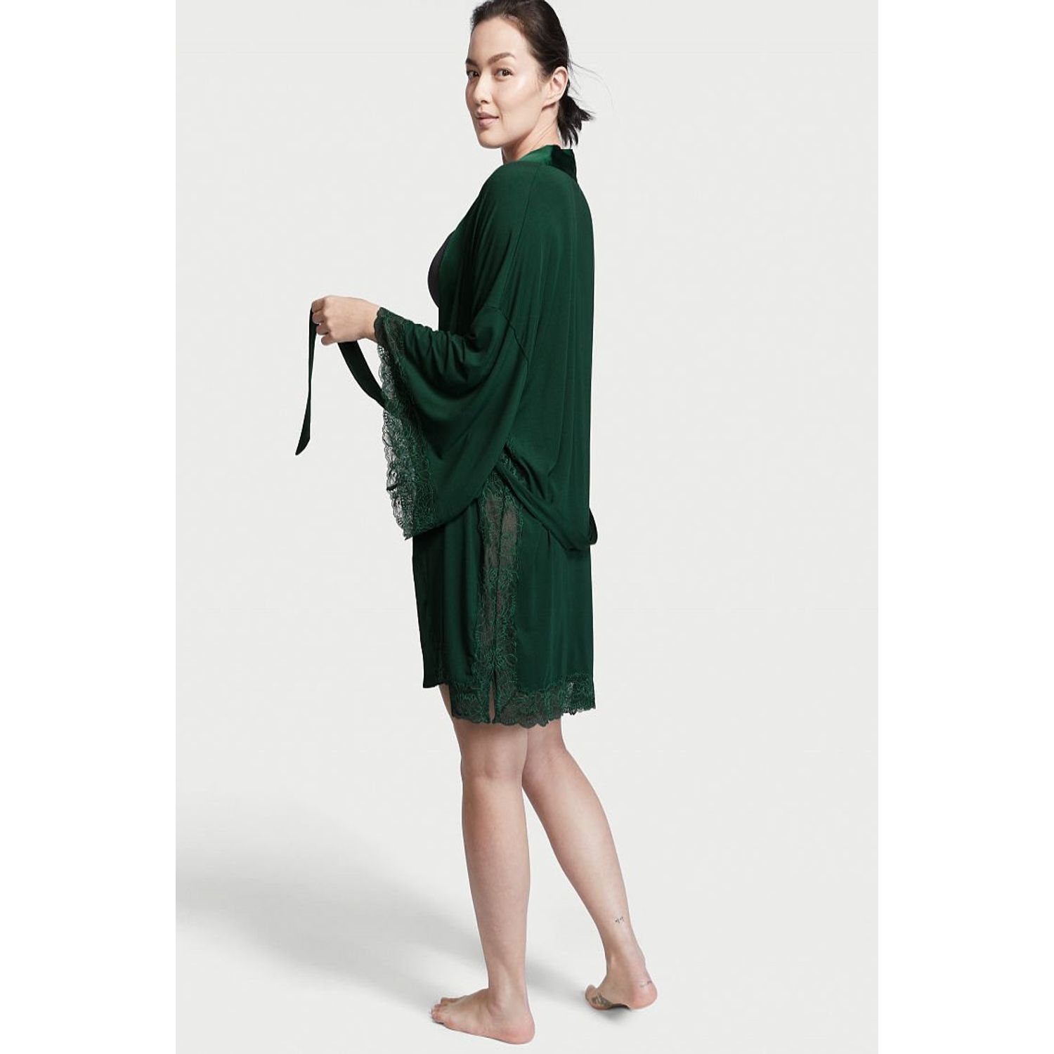 Halat dama Victoria's Secret, Modal Lace-Trim Robe, Verde, XS/S INTL fotografia produsului View 2 L