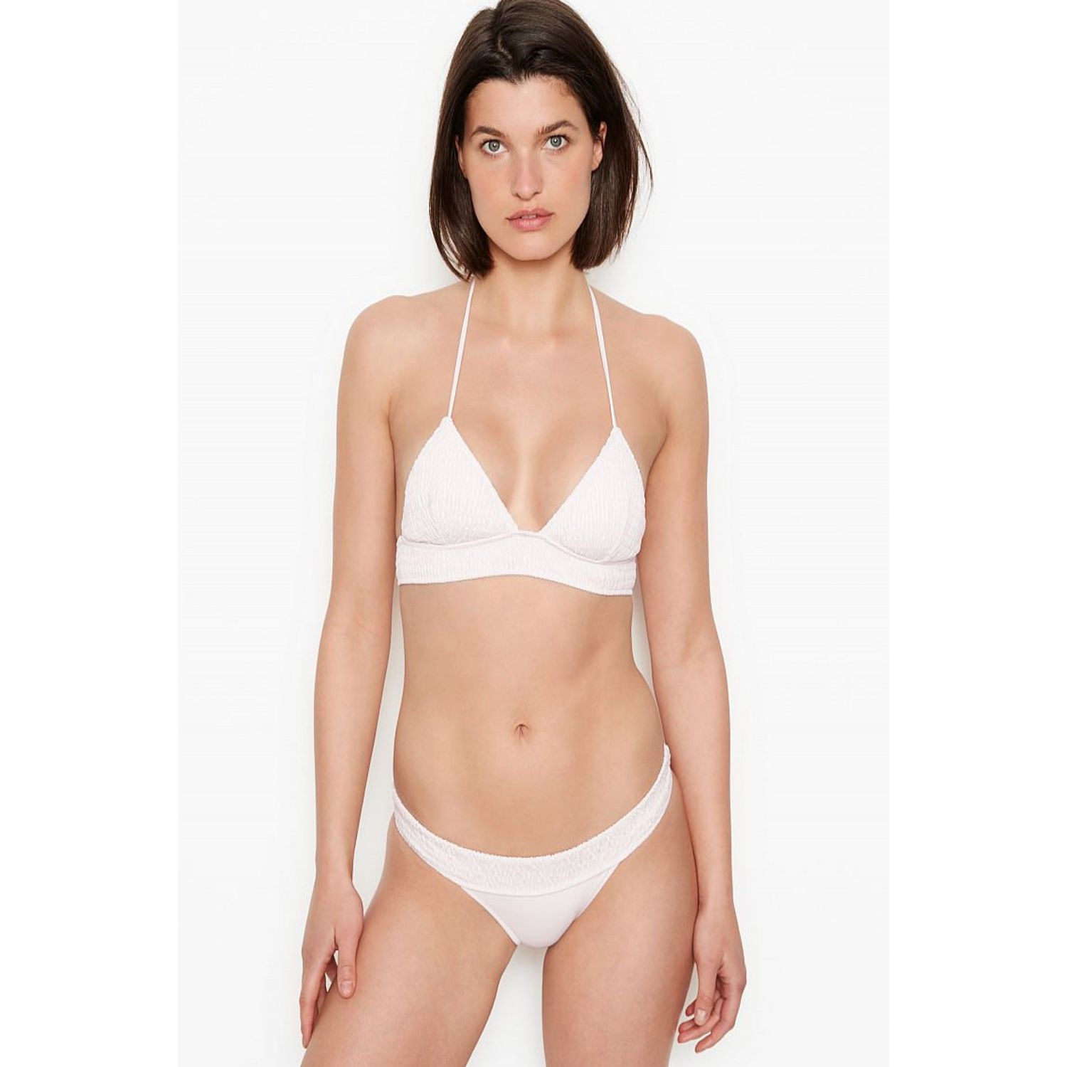 Slip de baie Victoria's Secret, Ensenada Smocked Cheeky Swim Bottom, Alb, XS INTL fotografia produsului